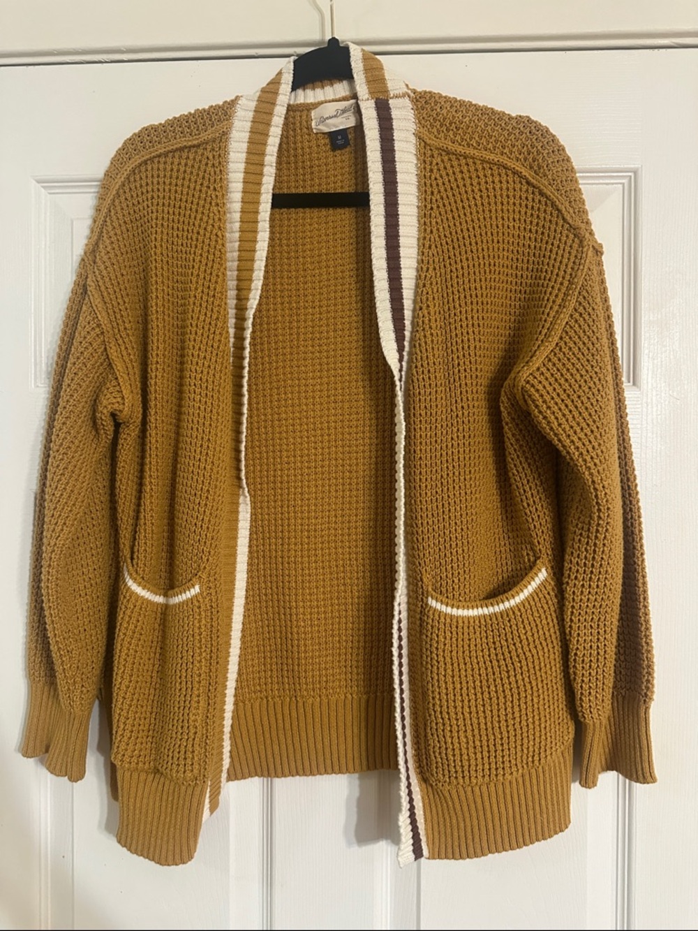 Universal Thread Mustard Yellow Open-Front Knit Cardigan with Cream Trim